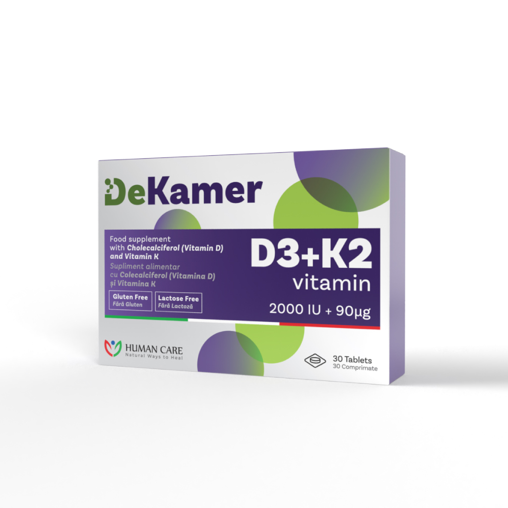DeKamer D3 + K2 30 comprimate, Vitamina D3 2000 IU + K2 90 mcg, Oase, Imunitate, Muschi
